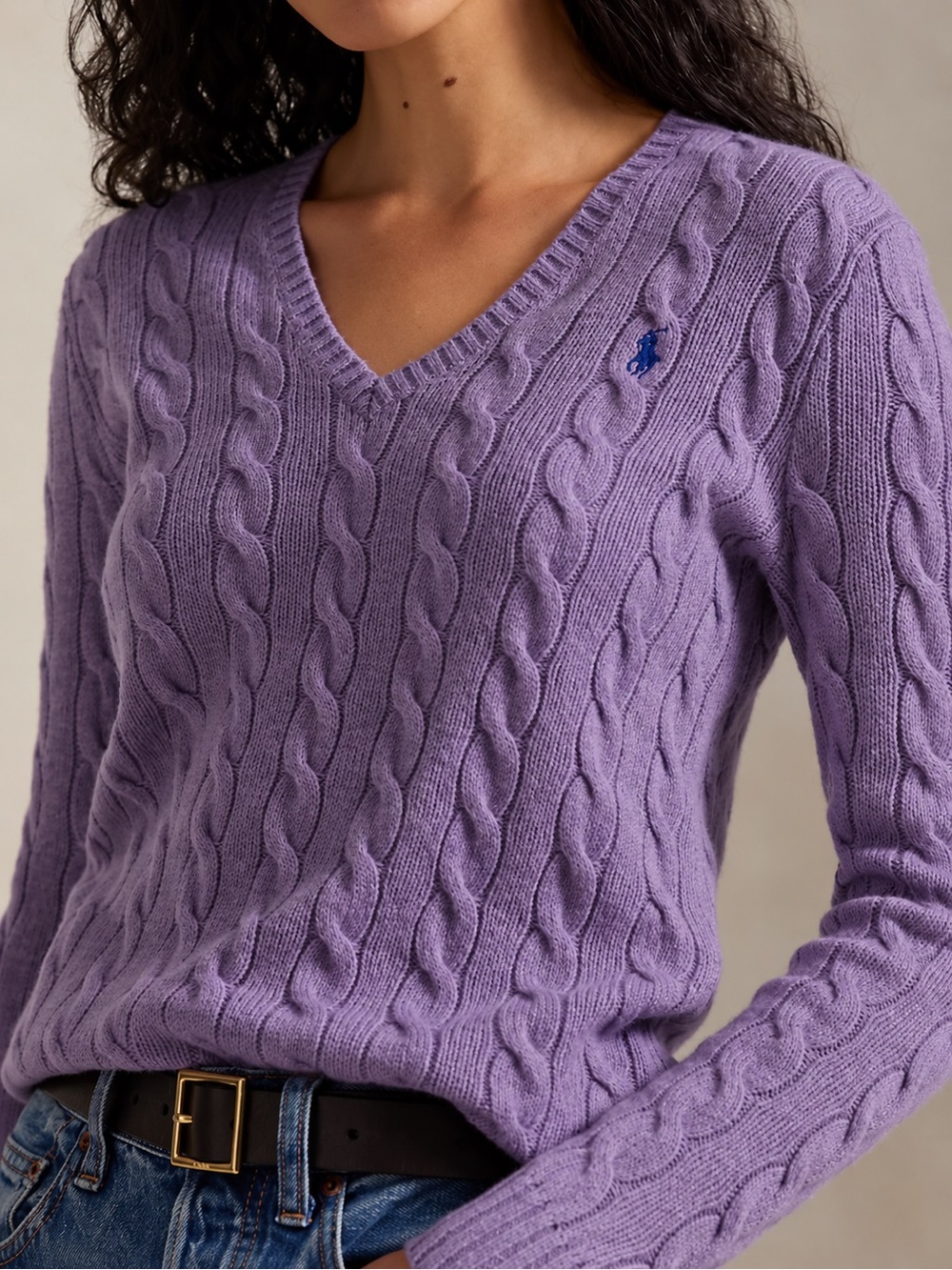 Ralph Lauren Sport Cable Knit V-Neck Cotton Sweater Purple Size M